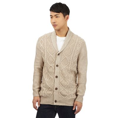 Beige cable knit shawl cardigan with wool